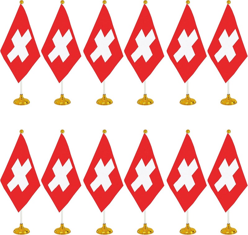 WXTWK 12 Pack Switzerland Flag Swiss Desk Flag Small Mini Swiss Table Flags With Stand Base,Home Office Festival Events Celebration Decorations - Image 1